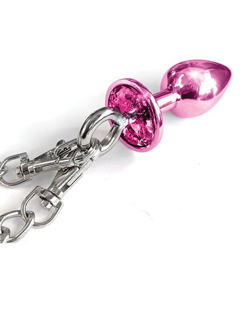 Nixie Metal Butt Plug W-inlaid Jewel & Fur Cuff Set - Pink Metallic - LUST Depot