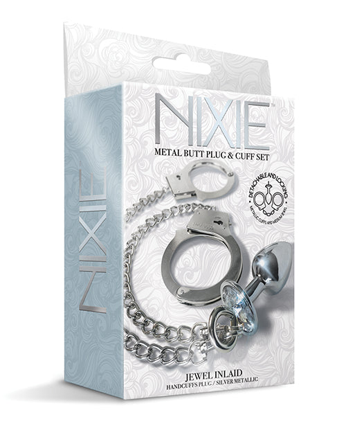 Nixie Metal Butt Plug W-inlaid Jewel & Cuff Set - Silver Metallic - LUST Depot