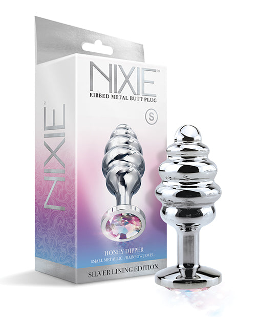 Nixie Honey Dipper Ribbed Metal Rainbow Jeweled Butt Plug - Small - LUST Depot