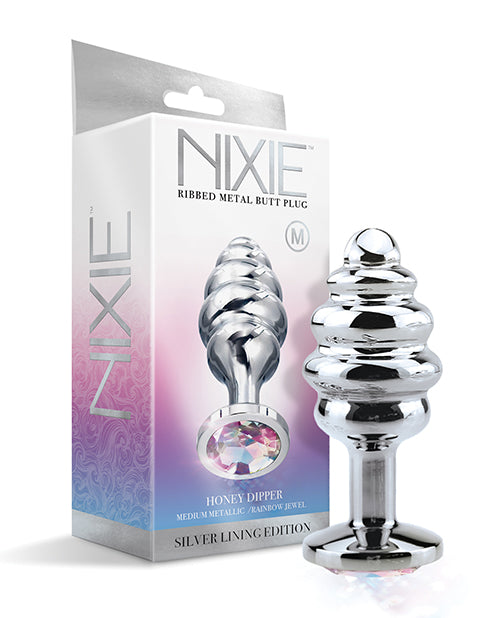 Nixie Honey Dipper Ribbed Metal Rainbow Jeweled Butt Plug - Medium - LUST Depot