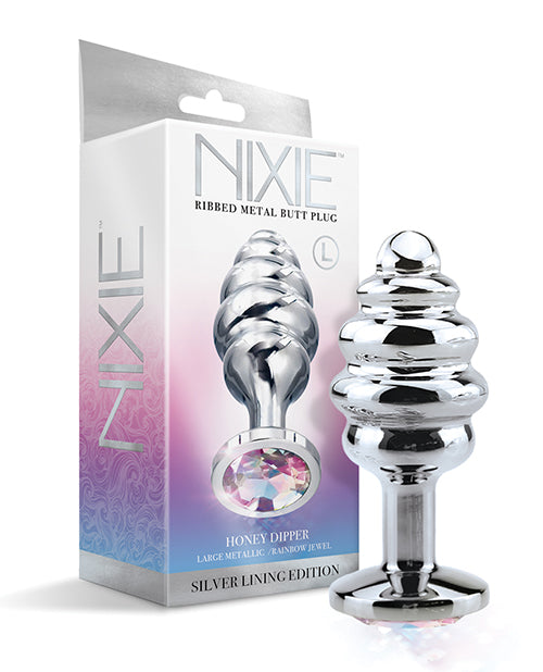 Nixie Honey Dipper Ribbed Metal Rainbow Jeweled Butt Plug - Large - LUST Depot