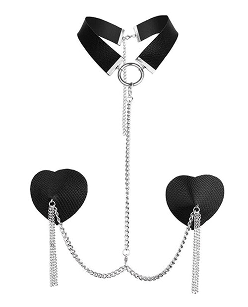 Nipplicious Dominatrix Leather Collar & Pasties W-chain - Black - LUST Depot