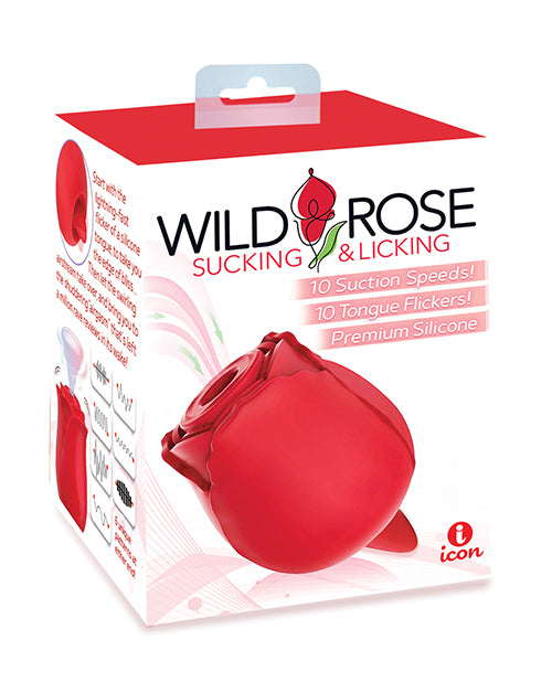 Wild Rose Rechargeable Silicone Suction & Tongue Vibrator - Red - LUST Depot