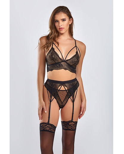 Everly Dot Mesh & Galloon Lace Strappy Bra, Garterbelt & Hipster Panty Black 2x - LUST Depot