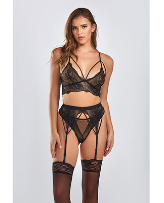 Everly Dot Mesh & Galloon Lace Strappy Bra, Garterbelt & Hipster Panty Black 2x