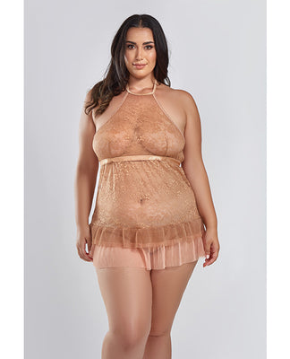 Amber Halter Lace Babydoll W/tiered Pleated Mesh Skirt Hem & G-string Brown 1x