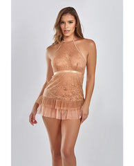 Amber Halter Lace Babydoll W/tiered Pleated Mesh Skirt Hem & G-string Brown Lg