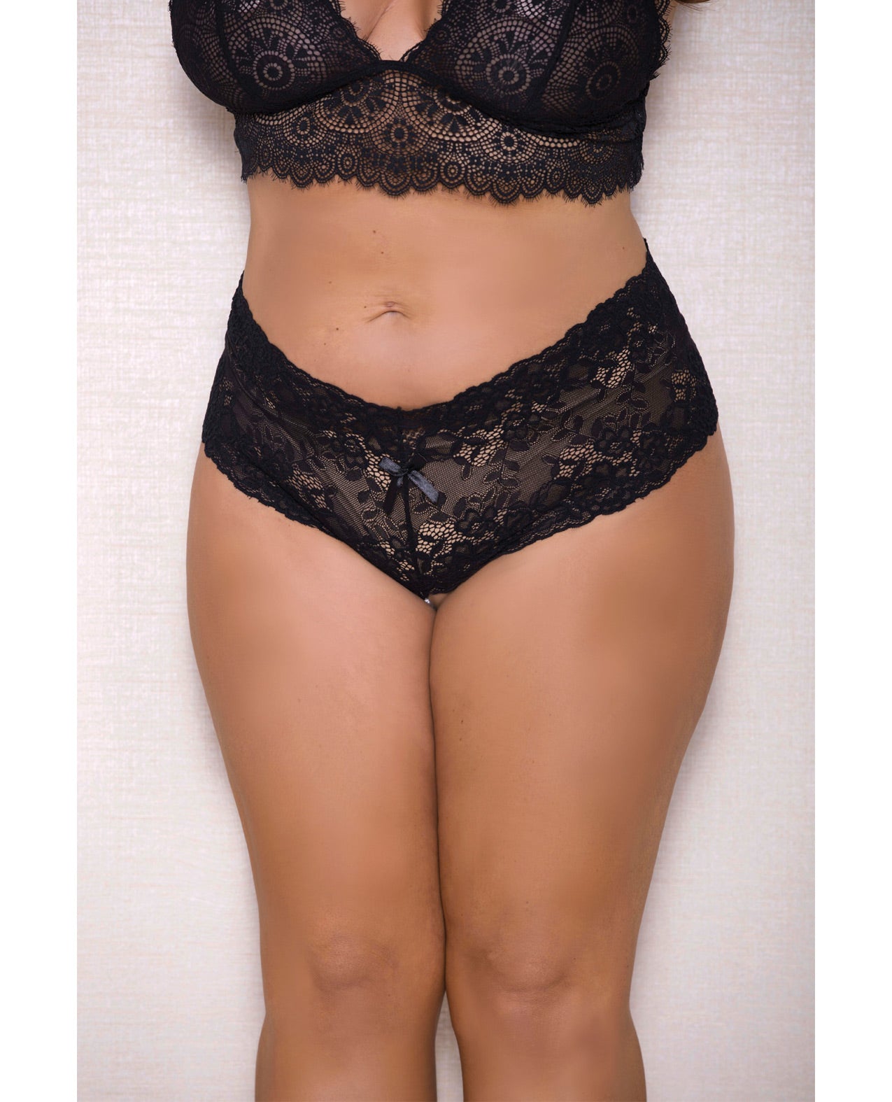 Lace & Pearl Boyshort W-satin Bow Accents Black 1x-2x - LUST Depot