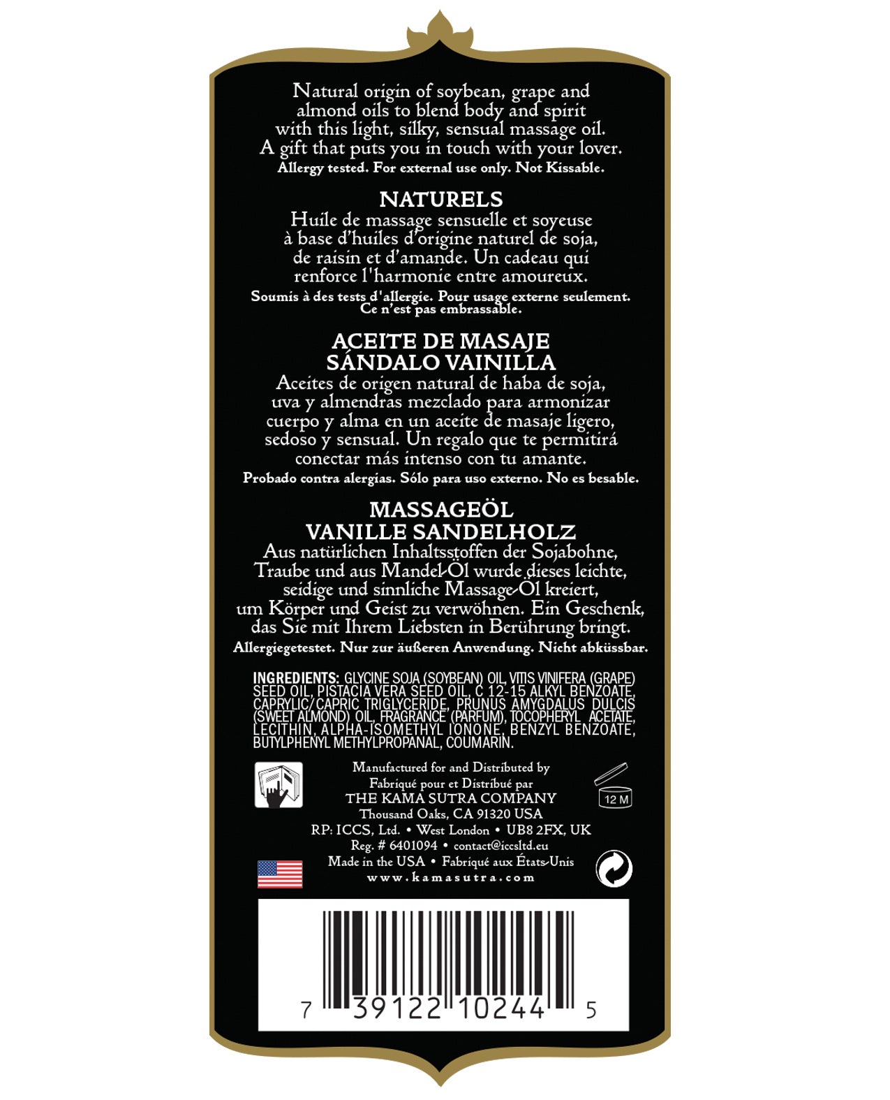 Kama Sutra Naturals Massage Oil - Vanilla Sandlewood - LUST Depot