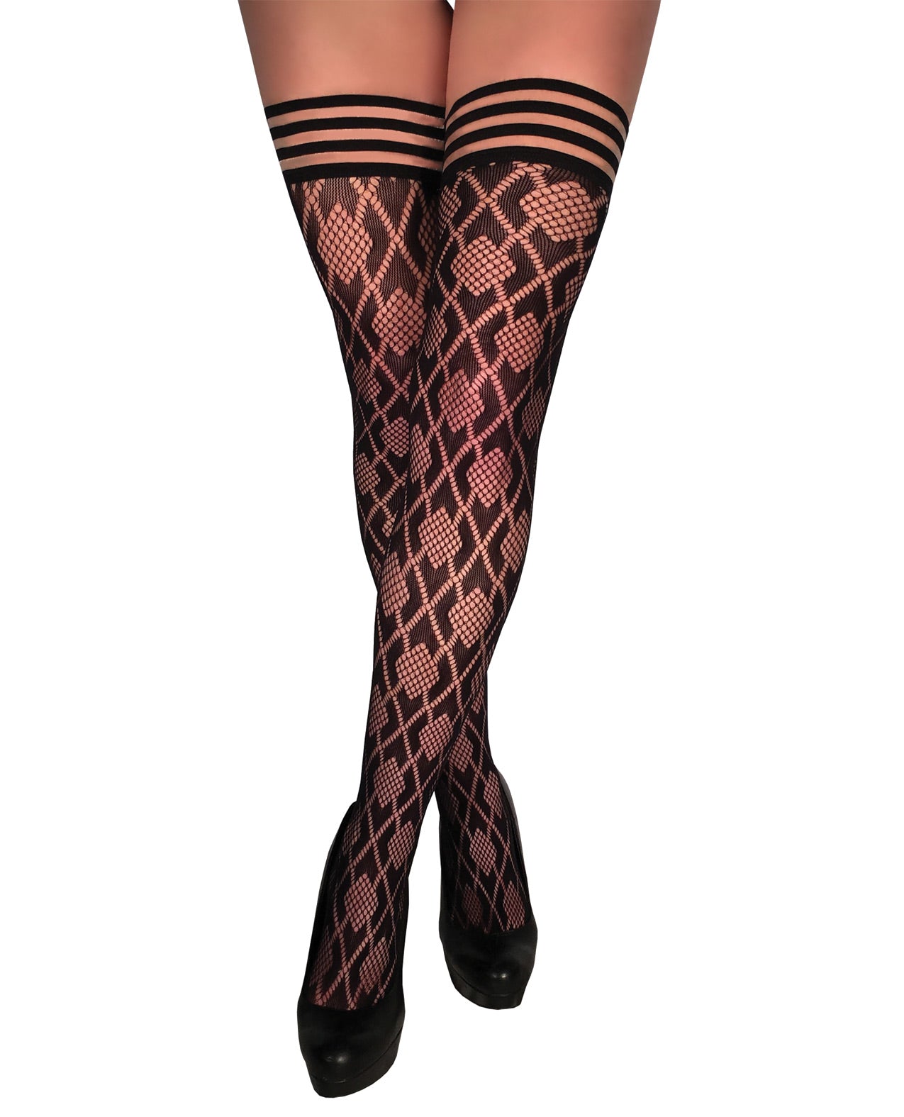 Kix'ies Elle Fishnet Diamond Thigh High Black B - LUST Depot