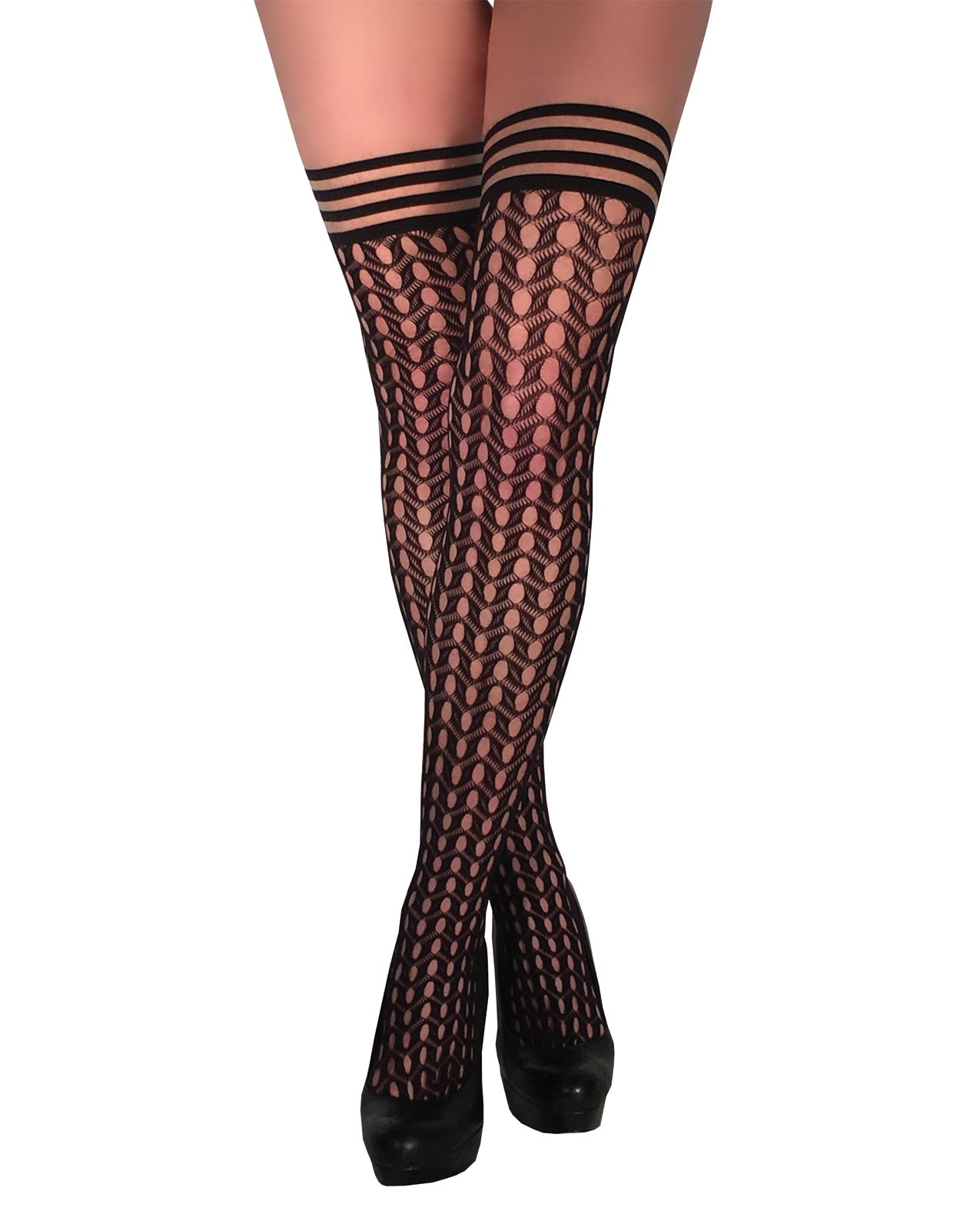 Kix'ies Mimi Dot Fishnet Polka Dot Thigh High Black A - LUST Depot