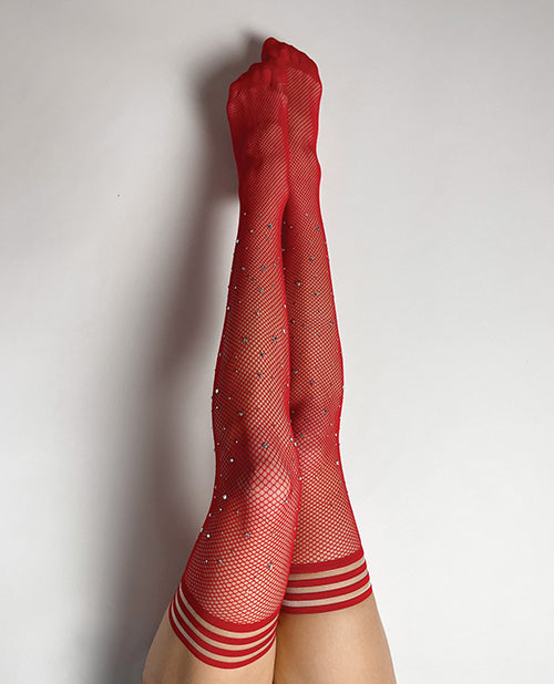 Kix'ies Joely Fishnet Rhinestone Thigh High Red A - LUST Depot