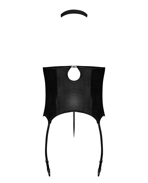 Lust Mistress Cupless Corset W-velcro Choker Collar, Metal Garters & G-string Black L-xl - LUST Depot