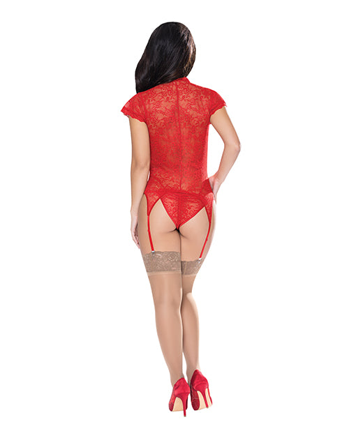 Ooh La Lace Cap Sleeve Basque & Tanga Panty Red L-xl - LUST Depot