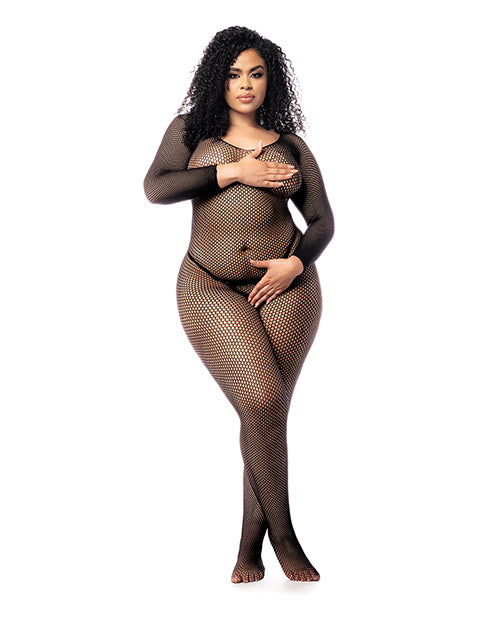 Long Sleeved All Over Fishnet Body Stocking Black Qn - LUST Depot