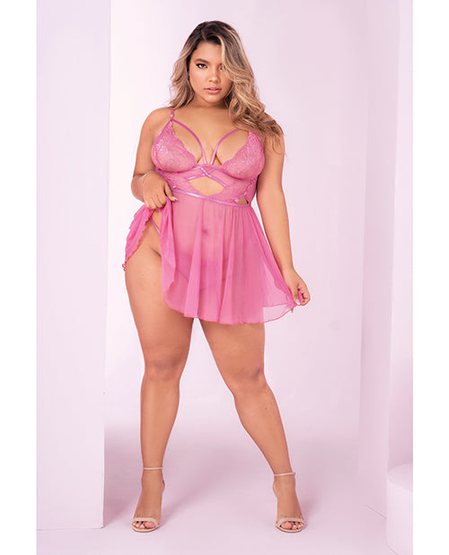 Floral Lace Peek A Boo Babydoll & G-string Sunset Pink 3x/4x - LUST Depot