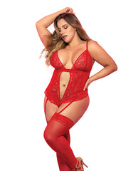 Lace & Mesh Teddy W-hook & Eye Crotch Closure W-attached Garter Straps Red 2x-3x