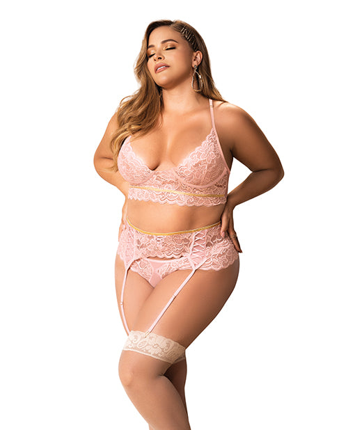 Lace Underwire Bra, Thong & Garterbelt W-lace Up Detail Rose 2x-3x - LUST Depot