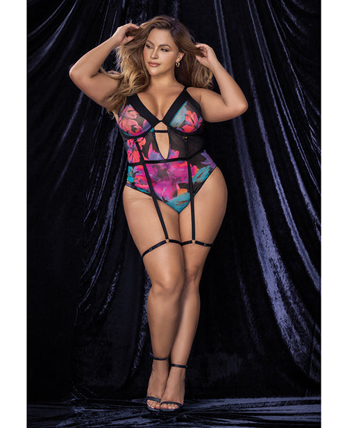 Flower Print Mesh Underwire Teddy W/detachable Garter Straps Multi Color 1x/2x - LUST Depot