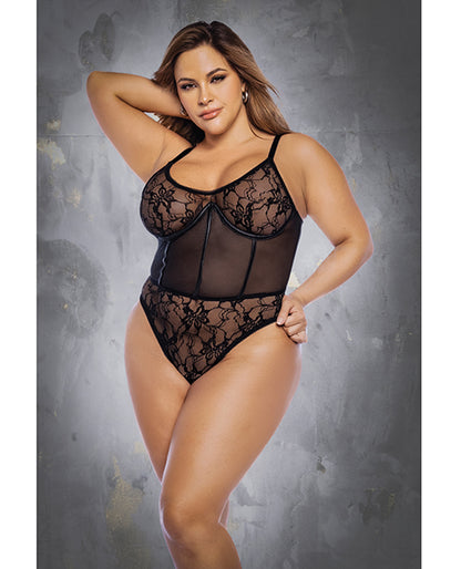 Floral Lace & Mesh Underwire Bodysuit W/lace Up Back Black 1x/2x - LUST Depot