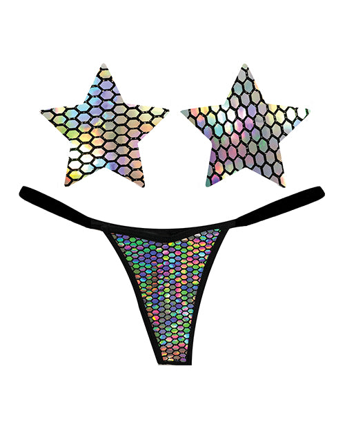 Neva Nude Naughty Knix Mirrored Mayhem Holographic G-string & Pasties - Black O/s - LUST Depot