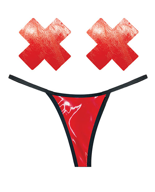 Neva Nude Naughty Knix Vixen Wet Vinyl G-string & Pasties - Red O-s - LUST Depot