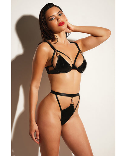 Fetish Excitement Unlined Underwire Vinyl Bra & Panty W/d-ring & Metal Clasp Black Md - LUST Depot