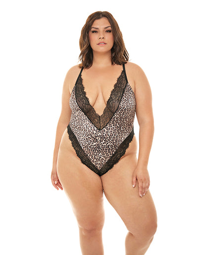 Jolene Satin Teddy W-plunging Neckline Leopard-black 3x-4x - LUST Depot