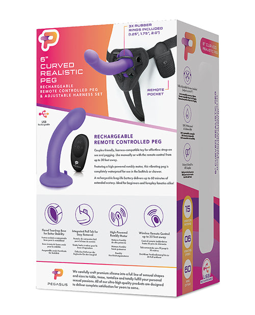 Pegasus 6" Rechargeable Curved Peg W-adjustable Harness & Remote Set - Purple - LUST Depot