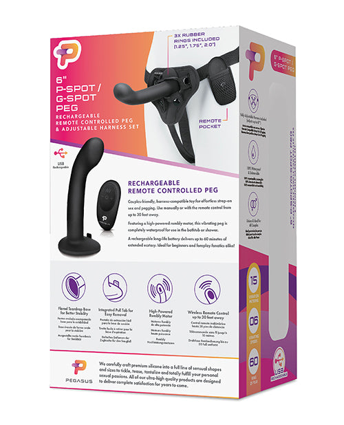 Pegasus 6" Rechargeable P-spot G-spot Peg W-adjustable Harness & Remote Set - Black - LUST Depot