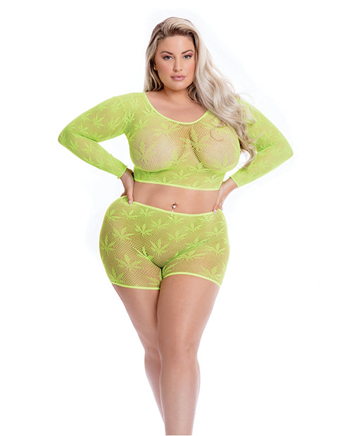 Pink Lipstick Leaf It To Me Long Sleeve Crop Top & Short Green Qn - LUST Depot