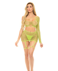 Pink Lipstick Right Thru Me Fishnet Top, Garter Skirt & G-string Neon Green O/s