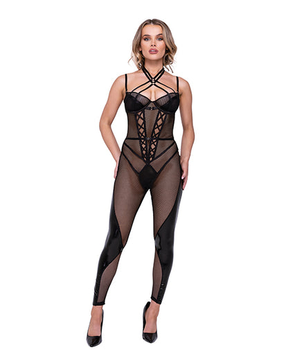 Flirty Fetish Fishnet & Faux Leather Catsuit W/satin Trim Black Lg - LUST Depot