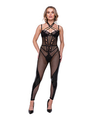 Flirty Fetish Fishnet & Faux Leather Catsuit W/satin Trim Black Md