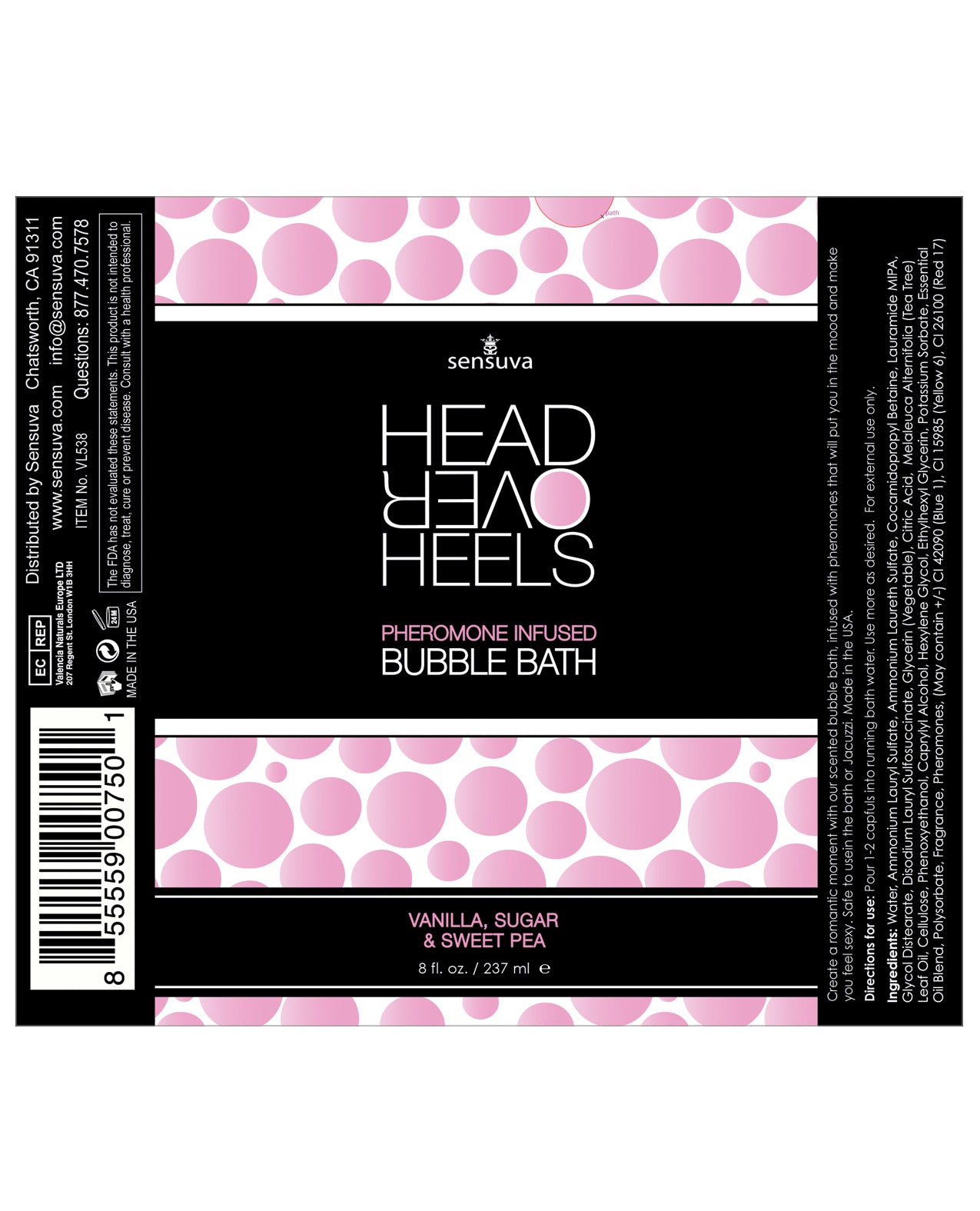 Sensuva Head Over Heels Bubble Bath - 8 Oz Vanilla-sugar-sweet Pea - LUST Depot