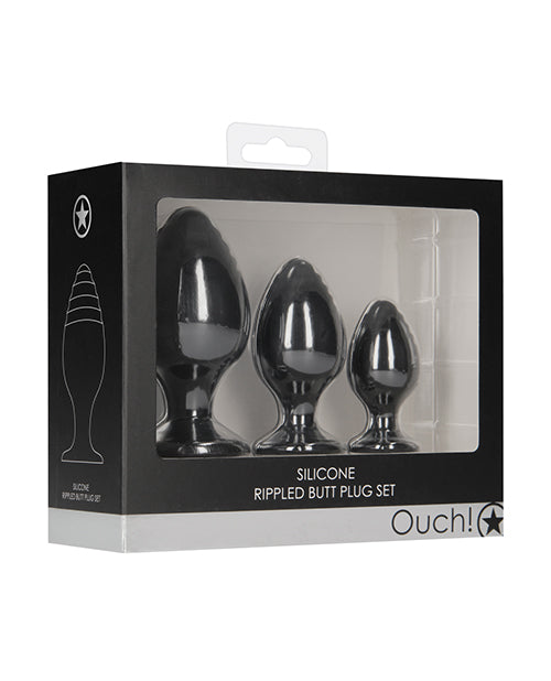 Shots Ouch Rippled Butt Plug Set - Black - LUST Depot