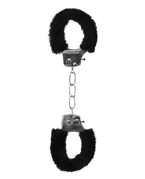 Shots Ouch Black & White Beginner's Furry Hand Cuffs - Black - LUST Depot