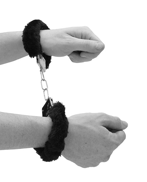 Shots Ouch Black & White Beginner's Furry Hand Cuffs - Black - LUST Depot