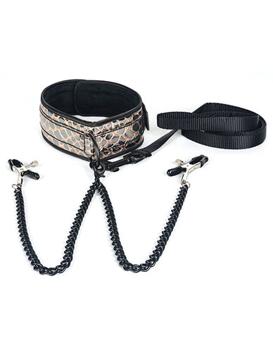 Spartacus Faux Leather Collar & Leash W-black Nipple Clamps - Gold