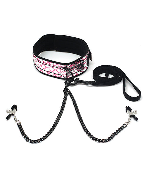 Spartacus Faux Leather Collar & Leash W-black Nipple Clamps - Pink - LUST Depot