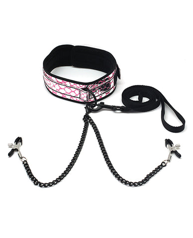 Spartacus Faux Leather Collar & Leash W-black Nipple Clamps - Pink