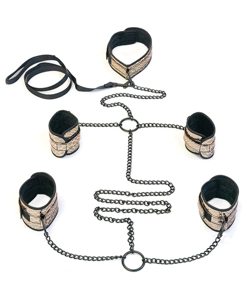 Spartacus Faux Leather Collar To Wrist & Ankle Restraints Bondage Kit W-leash - Gold - LUST Depot