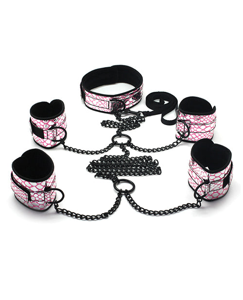 Spartacus Faux Leather Collar To Wrist & Ankle Restraints Bondage Kit W-leash - Pink - LUST Depot