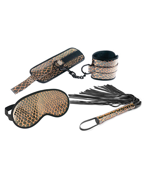 Spartacus Faux Leather Wrist Restraints Blindfold & Flogger Bondage Kit - Gold - LUST Depot