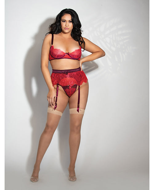 Eyelash Lace Underwire Bra, Garter Skirt & G-string Red 3x-4x - LUST Depot