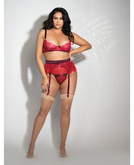 Eyelash Lace Underwire Bra, Garter Skirt & G-string Red 3x-4x