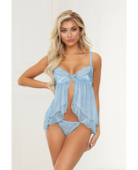 Satin Jacquard Dot Mesh Scallop Lace Babydoll & G-string Blue Md