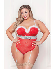 Holiday Rhinestone Studded Mesh Teddy W-marabou Trim Red 3x-4x