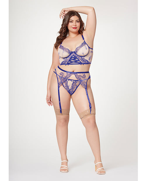 Sheer Stretch Mesh W/floral Contrast Embroidery Bustier, Garter Belt & Thong Blue/nude 1x/2x - LUST Depot