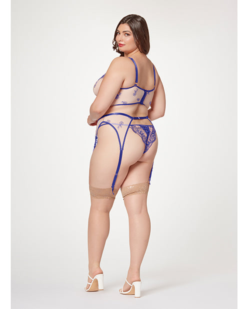 Sheer Stretch Mesh W/floral Contrast Embroidery Bustier, Garter Belt & Thong Blue/nude 1x/2x - LUST Depot